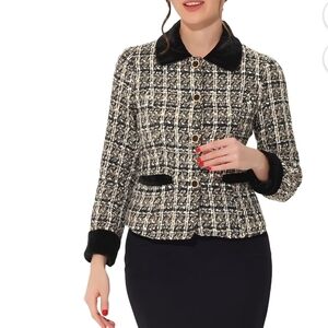 Allegra K Black and White Checkered Tweed Blazer